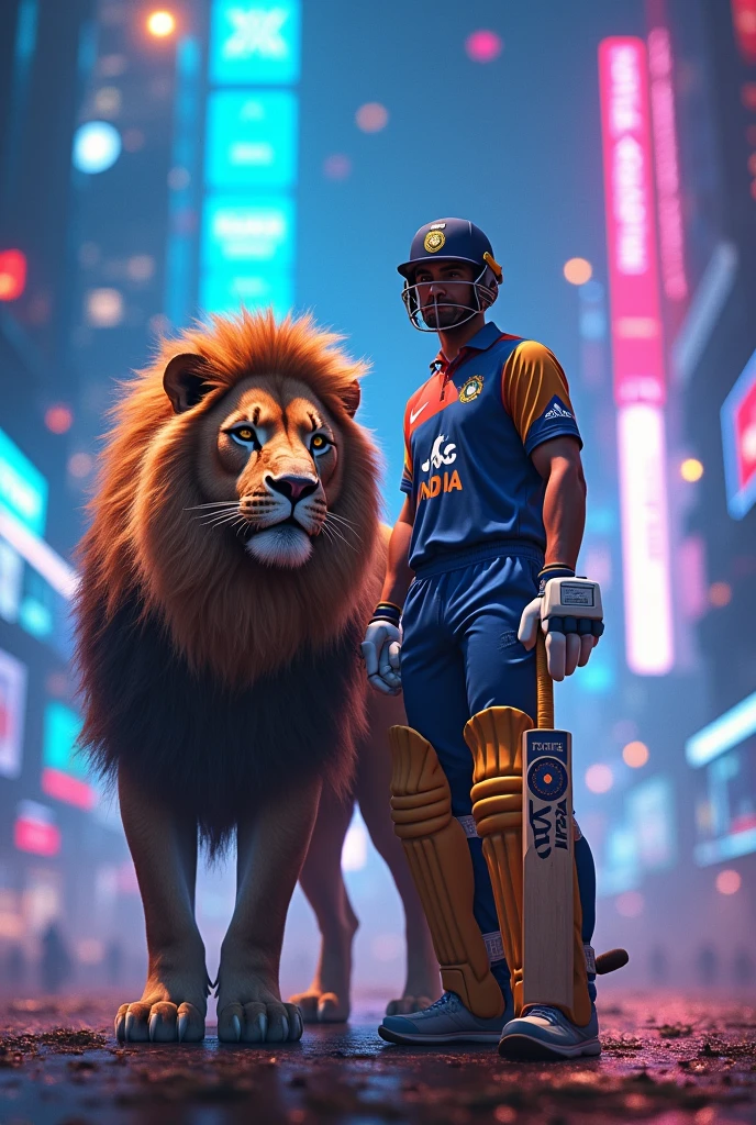 Ms dhoni x lion in blue pink neon city