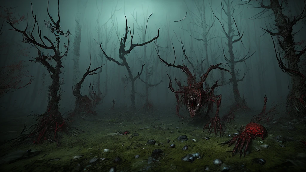 bloody forest,red monsters covered in blood,contaminated environment,terrifying atmosphere,haunting presence,dark shadows,ominous ambiance,foreboding backdrop,ominous mood,intense horror,menacing creatures,cruel nature,macabre scenery,bloody trails,stained foliage,murderous palette,lush vegetation soaked in red,horrifying landscape,carnage and chaos,nightmarish realm,mangled remains of life,grisly spectacle,ghastly surroundings,ominous stillness,gory tableau,nightmarish vision,terrifying creatures lurking,menacing presence,unearthly scene,blood-soaked ground,haunting silence,macabre creatures,red mist hanging in the air,dreadful aura,unholy creatures,sinister atmosphere,tormented spirits,unnatural phenomenon,gruesome details,creepy beings,nightmarish atmosphere,otherworldly horror.