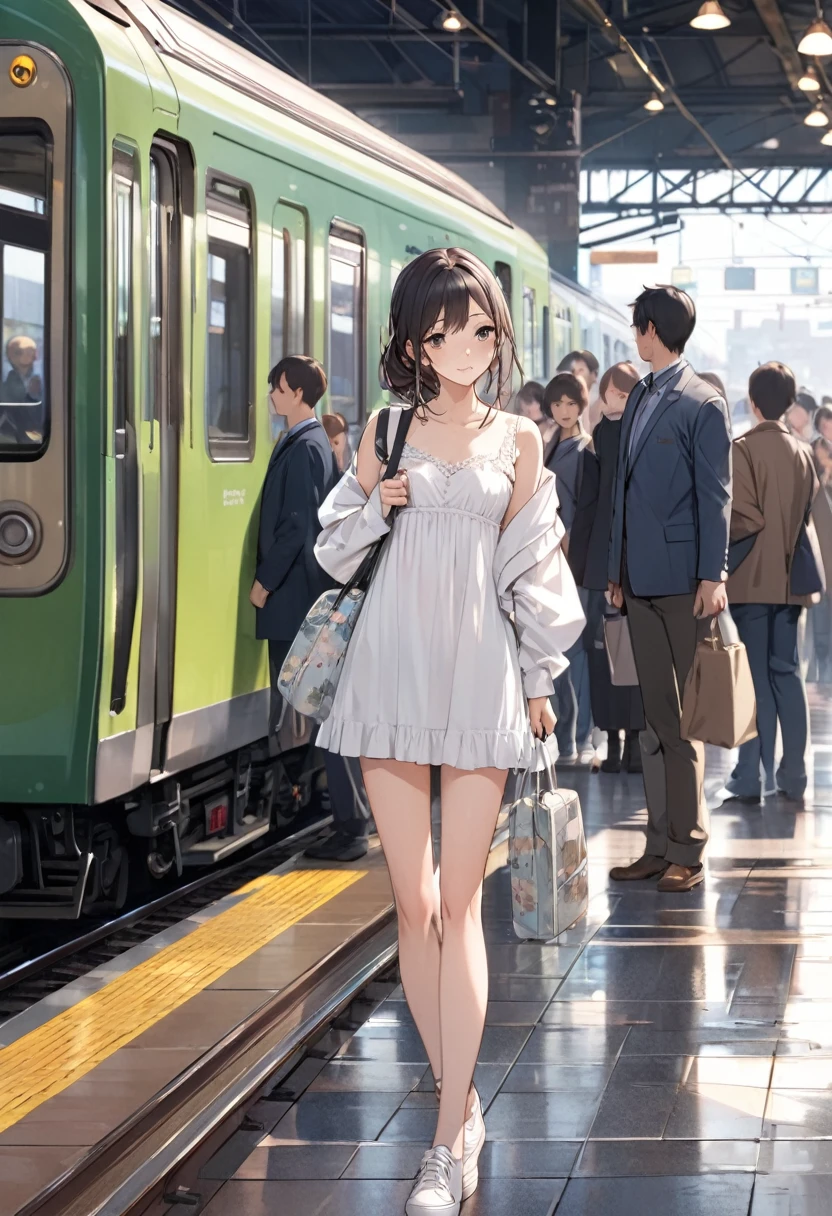 Very detailed、whole body、I miss the accent of my hometown, so I go to listen to it in the crowds at the train station.、woman、Medium chest、