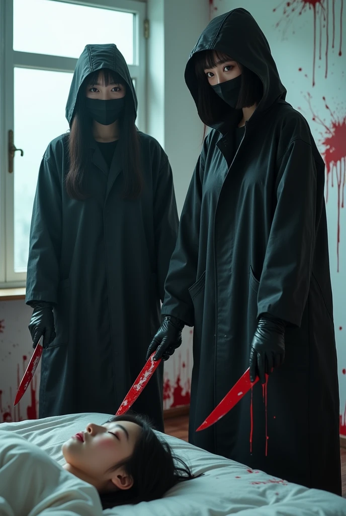 2 korean girls, (behind stiff, black surgical mask), stabbing, holding knife, black leather gloves, bloody room, black raincoat, girl only, bloody knife, leather gloves, white room, woman on top, bed room, blood splatter, night, mass murderer, killer, blood splatter, bloody room, behind cadaver, close up
