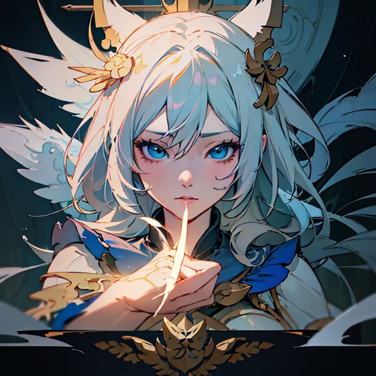 Close-up captures a blue eye、white haired person, Zodiac Girl Knight Portrait, anime goddess, extremely detailed artistic germ, IG Model | artistic germ, Seraphim Ahri Khada, Advanced digital animation art, Detailed digital animation art, ( ( AI Art God King ) ), Irelia, Ash, Ethereal mecha theme