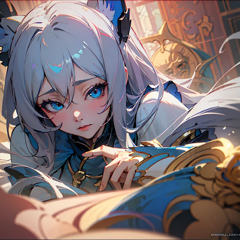 Close-up captures a blue eye、white haired person, Zodiac Girl Knight Portrait, anime goddess, extremely detailed artistic germ, IG Model | artistic germ, Seraphim Ahri Khada, Advanced digital animation art, Detailed digital animation art, ( ( AI Art God King ) ), Irelia, Ash, Ethereal mecha theme