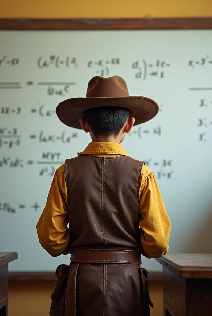 A boy from the northeast dressed as a cowboy from the countryside wearing a doublet and leather hat typical of the Brazilian caatinga solving triple integrals on a whiteboard in a classroom. 