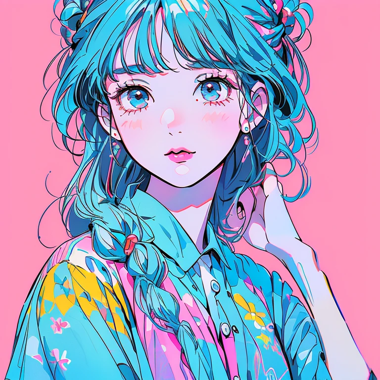 (Highest quality:1.2, City Pop Style, Very detailed, up to date, Vibrant, High Contrast, masterpiece:1.2, Highest quality, Best aesthetics), girl, ((Face Up Shot:1.4)), Colorful Hair, Bun Hair, Braid, Wear sunglasses, pastel colour, 1980s style, ((Retro, Vintage, Plain background))
