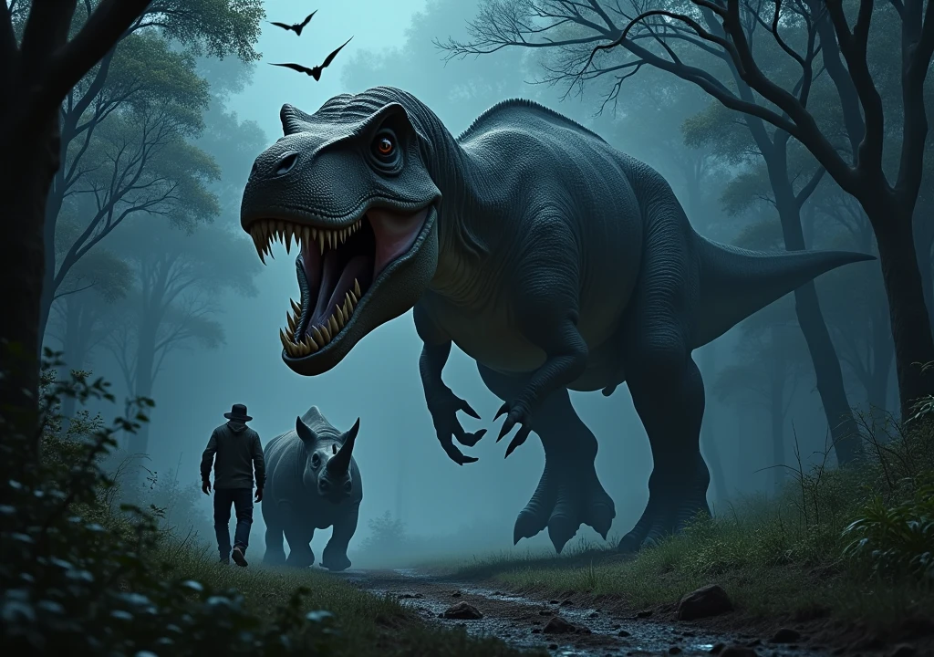frightful Tiranossauro Rex na floresta africana de noite perseguindo um rinoceronte. A hunter looking scared. Bats flying. Terror. frightful. fear.