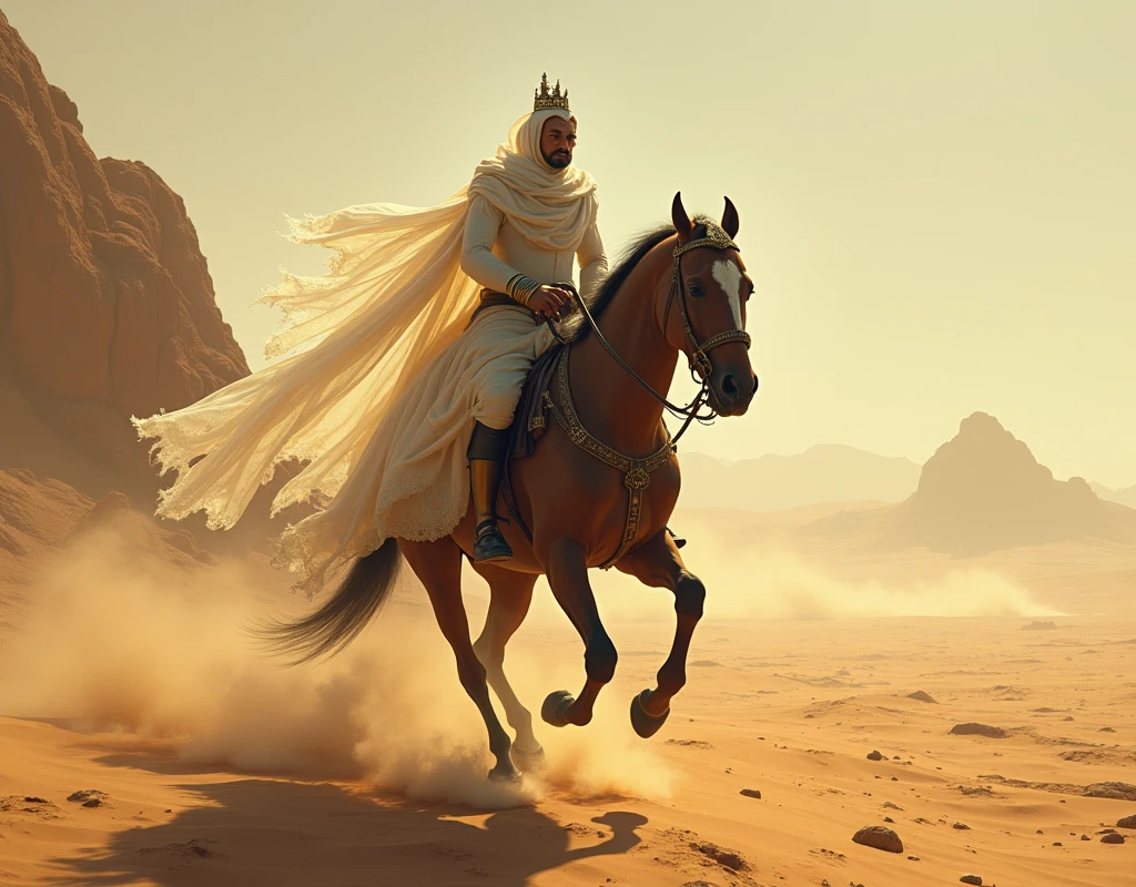 Ghost is riding on the back of King Vikram with a vast desert behind him.