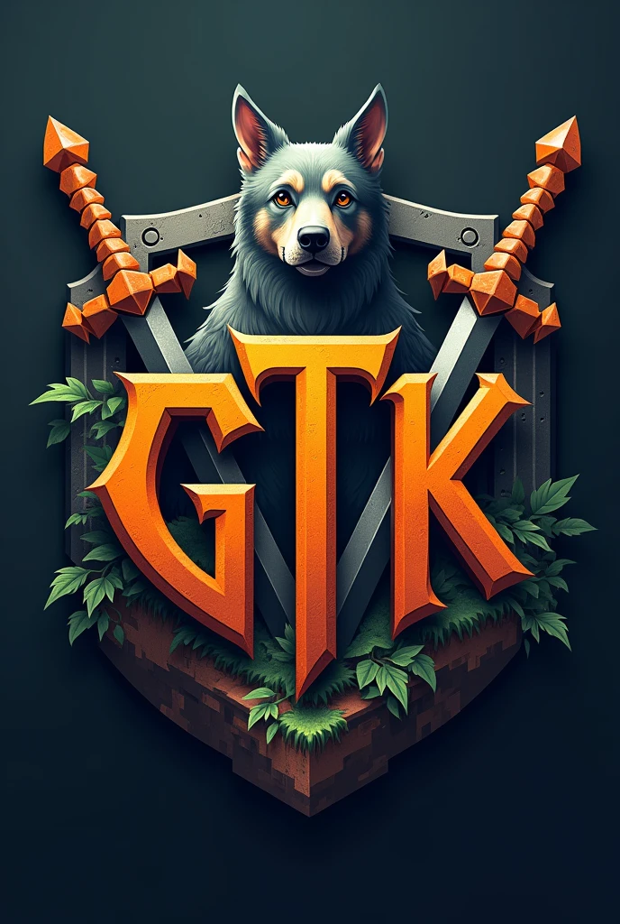 Make a logo with GTK text, More puts swords in the background and a dog, this is the most image and puts the background of a Minecraft world and with a background shield with a netherite sword and netherite armor orange the letter G black the letter T and orange letter K put the G first orange the G

