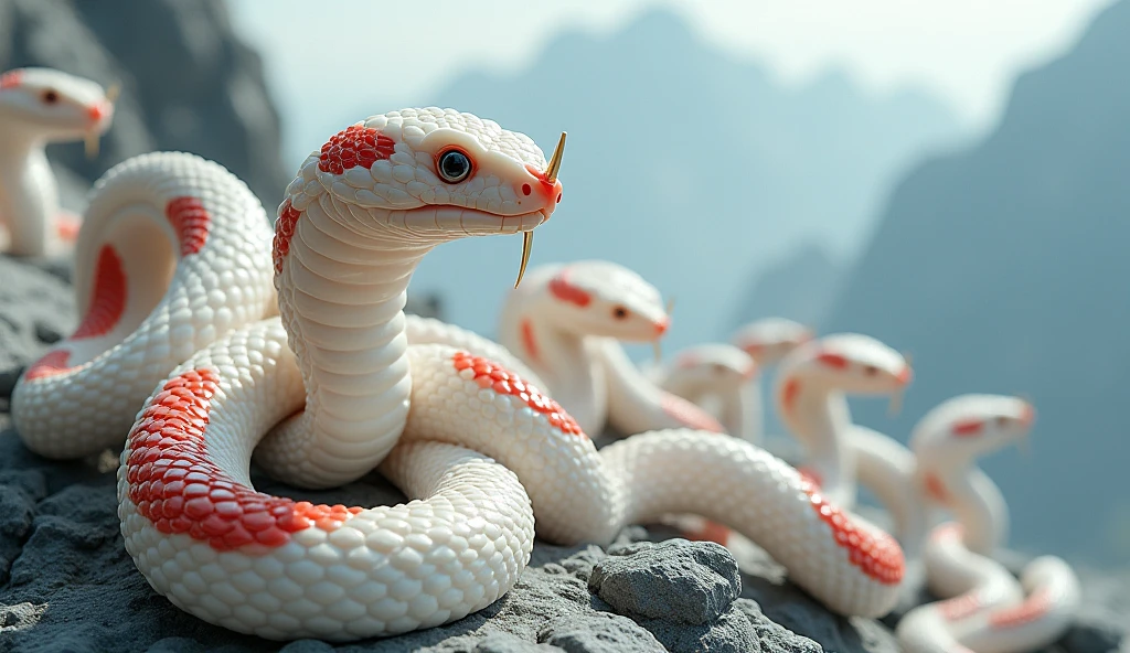 There are many white jades and pit vipers with red and white rings on their bodies and spikes on their noses on the mountain.(best quality,4K,8k,High level,masterpiece:1.2),Ultra Detailed,(lifelike,Photo real,Photo real:1.37)
