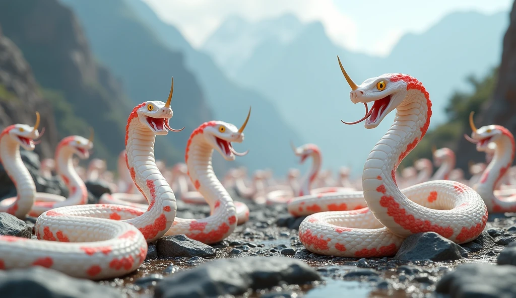 There are many white jades and pit vipers with red and white rings on their bodies and spikes on their noses on the mountain.(best quality,4K,8k,High level,masterpiece:1.2),Ultra Detailed,(lifelike,Photo real,Photo real:1.37)