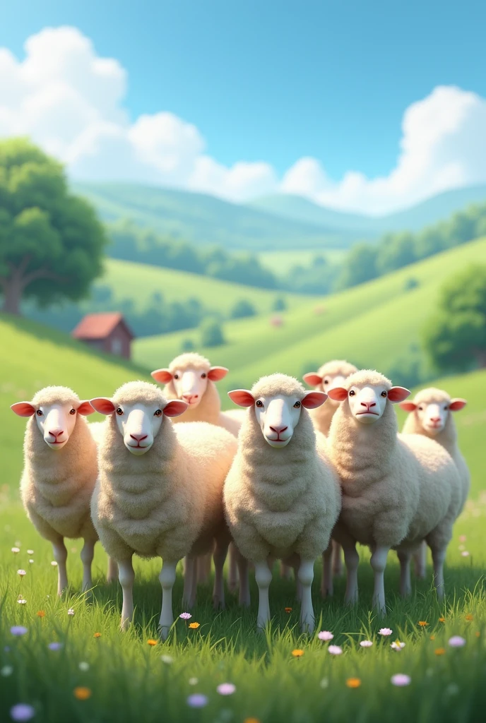 A flock of sheep looking ahead
