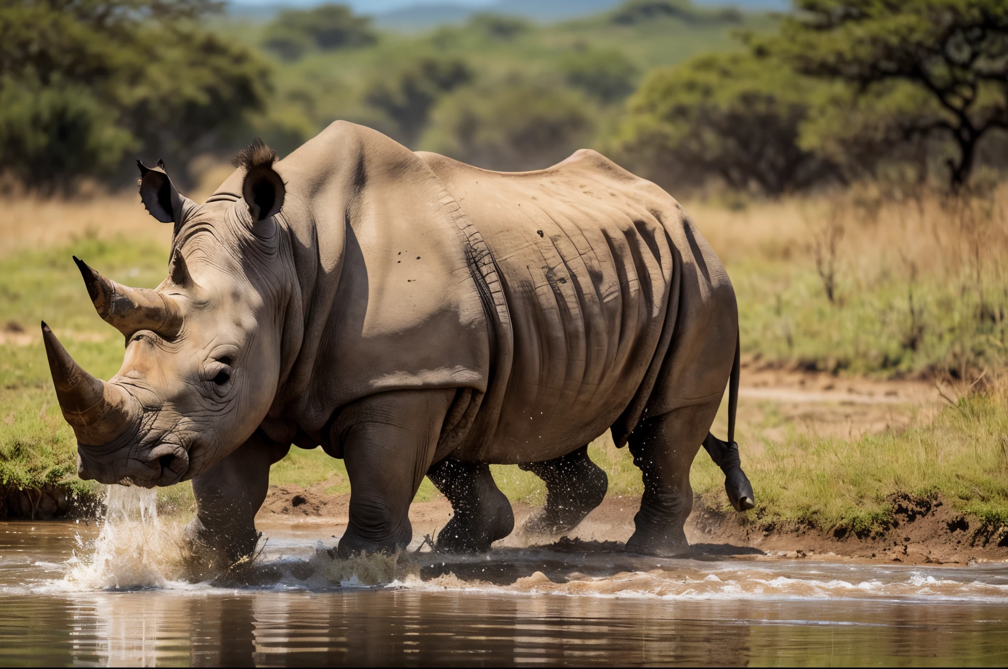 Create a captivating, hyper-realistic, AI-generated artwork of a rhinoceros drinking water in its natural habitat. The rhinoceros should be depicted standing by a waterhole or river, with its head lowered to drink. Capture the detailed texture of the rhinoceros's rough, wrinkled skin, its impressive size, and the distinctive horns. The scene should reflect the African savanna landscape, featuring low grasses, scattered bushes, and perhaps a few distant acacia trees. Emphasize the interaction between the rhinoceros and the water, including the ripples and splashes created as it drinks. Include reflections of the rhinoceros in the water and the texture of the muddy water around its legs. Use natural, earthy colors to depict the rhinoceros and its surroundings, highlighting the contrast between the animal’s grayish skin and the vibrant greens and browns of the environment. The lighting should be soft and natural, conveying the warmth of the African sun and enhancing the rhinoceros’s features and the textures of its environment. The style should be hyper-realistic yet artistic, focusing on the rhinoceros’s serene moment and the beauty of its natural habitat. The final artwork should be high-resolution and visually striking, capturing the elegance and tranquility of the rhinoceros as it drinks water.