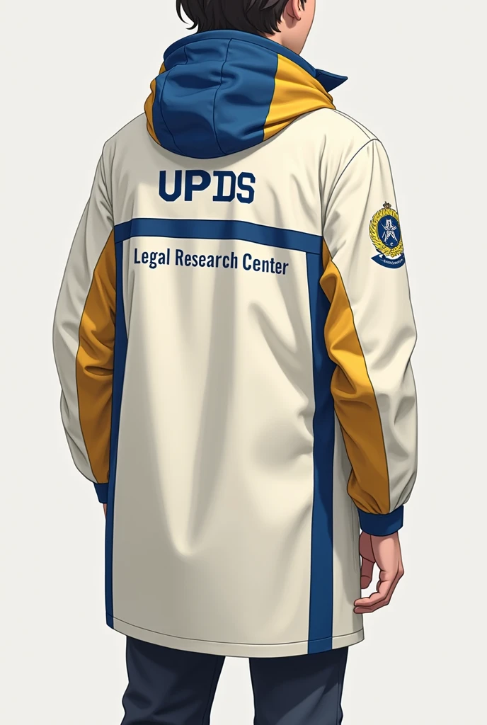 Make a semi-formal cream-colored windbreaker with blue and gold that is evenly distributed and that has the Legal Research Center UPDS written on the back and a diver representing the investigation on the side of the chest.