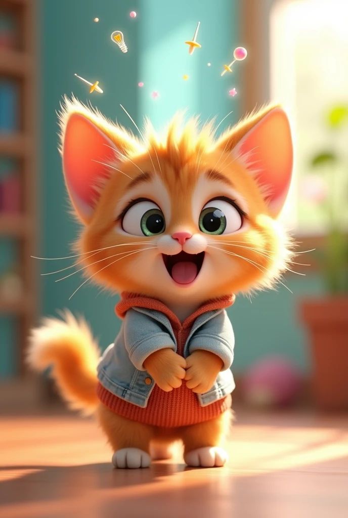 「Pixar-inspired styleで描かれたAIkitten, Wearing cute girls' casual clothes, Expressions of surprise and delight, Wide open eyes, Mouth open in 'A' shape, A bright light bulb symbol floating above your head, Ears standing erect, 3D animation style, Lively movement of fur, Bright colors, Light particles in the background」
This prompt contains the following elements::
1. you have: 「AIkitten」Expressed as 2. kitten: 「kitten」As stated 3. Idea/Inspiration: Expression through overall facial expression and posture 4. Ah face: 「Expressions of surprise and delight」「Wide open eyes」「Mouth open in 'A' shape」
5. Electric mark comes to mind: 「A bright light bulb symbol floating above your head」
6. Dressed in cute girls' casual clothes: 「Wearing cute girls' casual clothes」
7. Pixar-inspired style: 「Pixar-inspired styleで描かれた」「3D animation style」
moreover、To highlight Pixar-esque features and eureka moments、「Ears standing erect」「Lively movement of fur」「Bright colors」