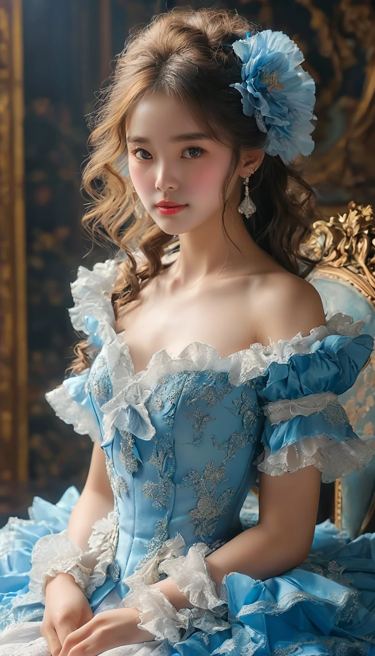highly detailed, 8k, masterpiece, Front view, looking at the audience, a girl, blue ruffles_hair_tube, skirt, bending_That'all , Grin, (Perfect_Face), sitting, machine, outstanding, complicated, dramatic lighting, 4K, detailed_background, Caustics, full_Body, (Surrealism:1.3), Bloom,(beautiful lights:1.3), Caustics, Dynamic lighting, beautiful lights, (Dakota Fanning:0.5)