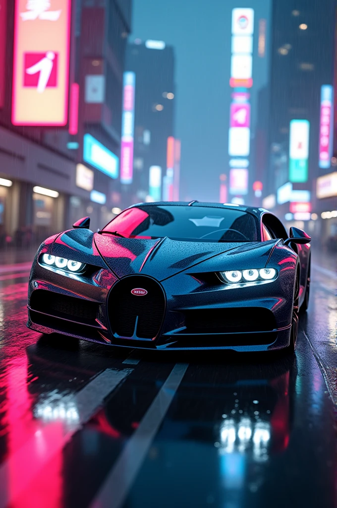 Bugati car in neon light in road