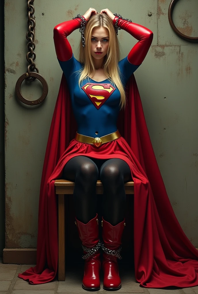 supergirl, full blue body suit, long blonde hair, red elbow gloves, red gauntlets, black tights, red boots, red skirt, gold belt, really long red cape, sitting on a wooden chair, looking straight,  full image from head and legs, realistic, bdsm, bondage, bound, bondage, Chained, Arms chained above head handcuffed to ring on the wall, wall mounted chained chain