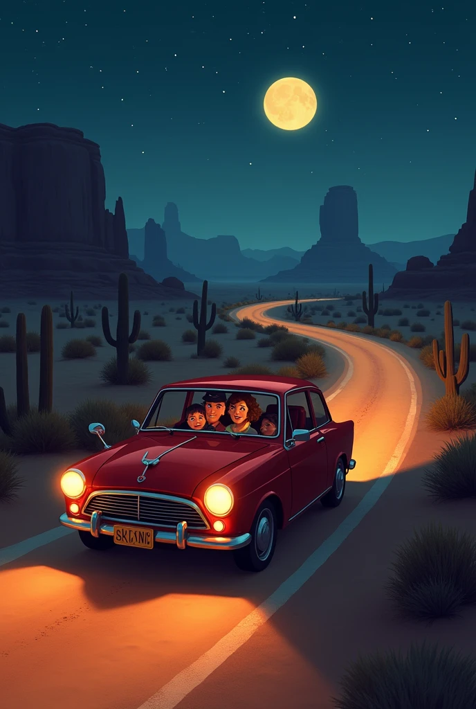 A family returning from a trip in a red car at night in a desert