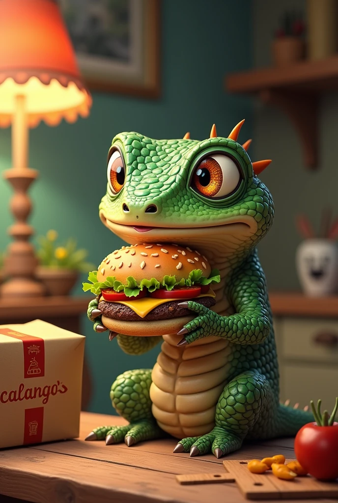 A lizard with a hamburger in his house, with the delivery package written Calango's