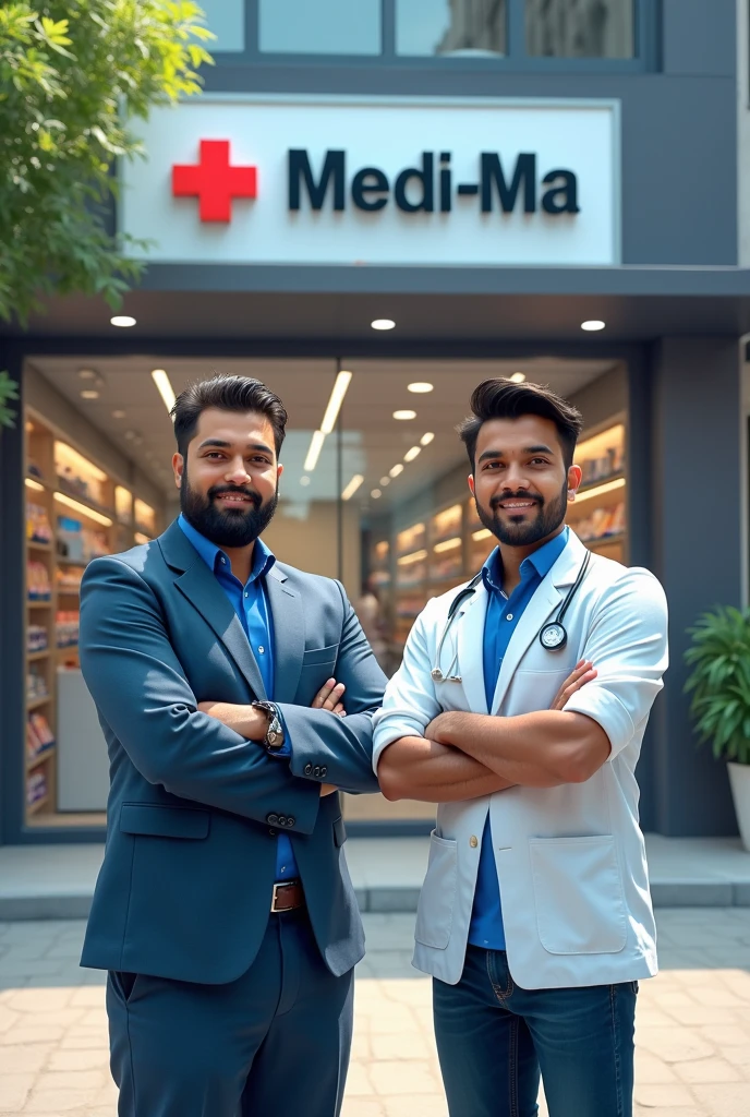 A shop medical name with medi-ma also show their owners name is piyush sain and shubham sain show two business man in front of this shop one is slightly black show name is piyush sain and shubham sain