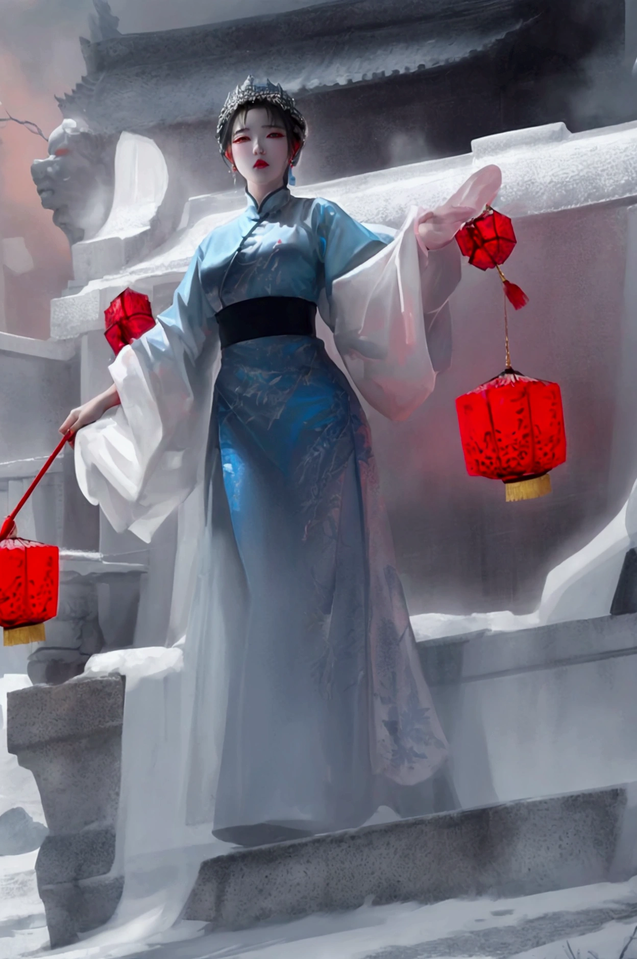 ice sculpture model, Heilongjiang, Chinese dream theme - ice and snow love, with the cultural characteristics of the new era, showing Heilongjiang's development style in the new era, animal model, creativity, beauty, face of fear and terror, monsters with big red glowing eyes seeing the and lots of big around all red.