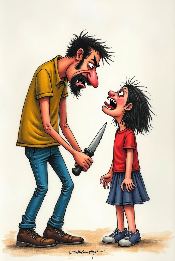 A child's primitive drawing in colored pencils of a man threatening a woman with a knife.