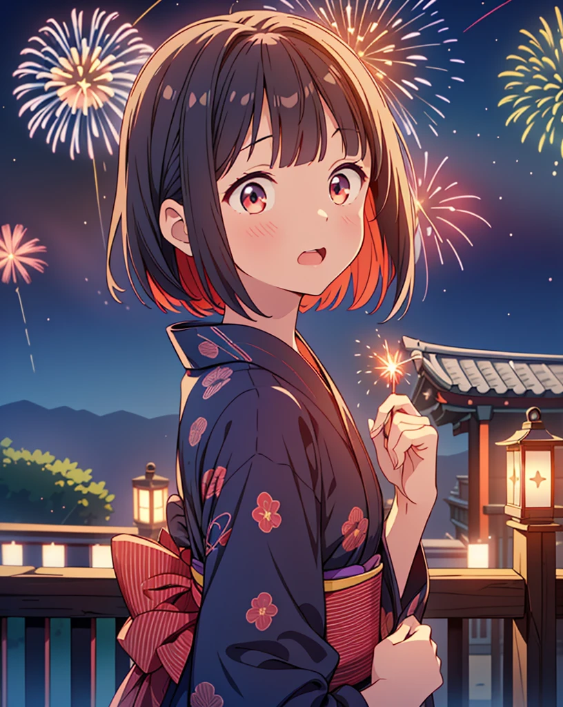 Highest quality, 32K, High resolution, masterpiece:1.5, One beautiful girl, Illustration with anime touch, Rich emotional expression, An exceptionally beautiful face, Perfect Human Anatomy, Perfect hands, Thumb and4Finger, Big red eyes, ((Surprised face:1.5)), shiny red hair, Short Bob Hair, Asymmetrical bangs, Hair between the eyes, Transparent, soft white skin, Detailed and cute lips, ((Navy blue yukata:1.1)), Traditional streets of Japan, Lantern, ((Starry Sky:1.2)), ((Ultra-detailed and beautiful fireworks:1.2)), Beautifully detailed night sky, mysterious