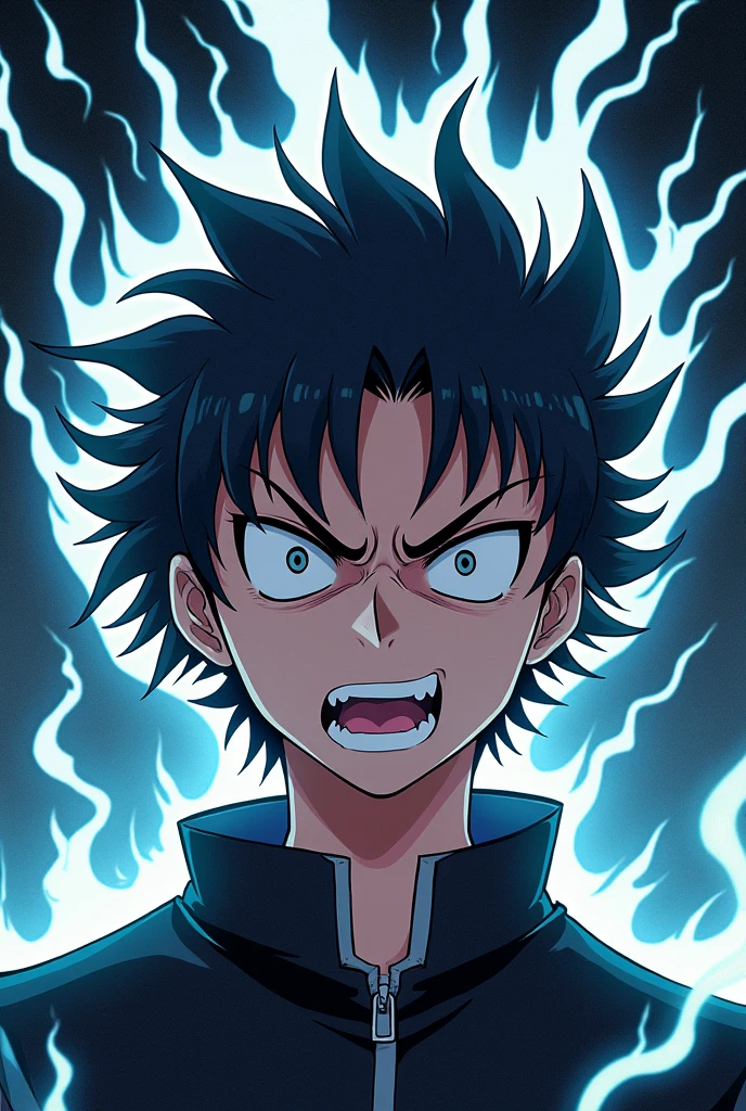 Could you make an image of the anime mob psycho 100 angry focusing on his face and with a great psychic aura .