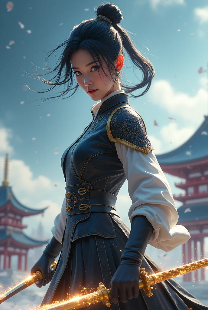 (masterpiece, best quality, beauty, best ratio, best shadows,best Illustration, wallpaper size,1080×2400 pixels,detailed face,pastel colors)
uhd, china female kungfu, korean beauty like tae yon, dancing, full posture fully visible, shining blue eyes, windblown short hair, wear black and white full general armory leather, hand holding dual sword emits gold energy, on top the snowing yin yang big pallete. blue sky, red pagoda and snowflake seen on far away. use the RenderMan renderer.digital art.High definition, high contrast, high color saturation ,128k,cinematic lighting, intricate,cinematic advertising photograph,cinema lens,high res.