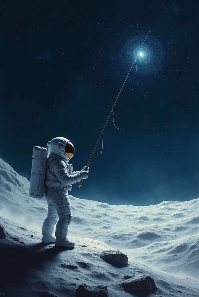A high quality image of an astronaut on a moon fishing for stars in the sky , with a sky background