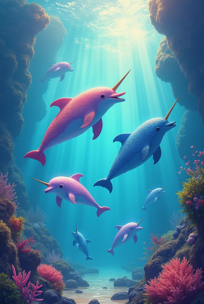 Colorful dolphins and unicorns having fun in the beautiful and colorful ocean water