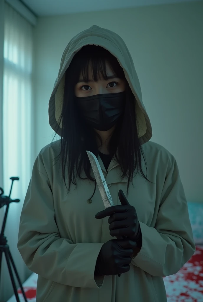 korean girl, (behind stiff, holding knife), black surgical mask, black leather gloves, bloody room, white raincoat, hood up, holding knife, leather gloves, woman on top, behind cadaver, blood splatter, bed room, night, mass murderer, killer, long bangs, blood splatter, atmospheric realistic, white room, close-up, tripod and camera in the back, shooting with camera
