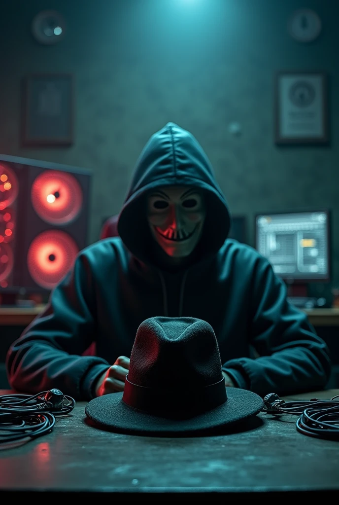 in background all computer setup for hacker and in front side big table there is hacker face mask and hat and room is drack