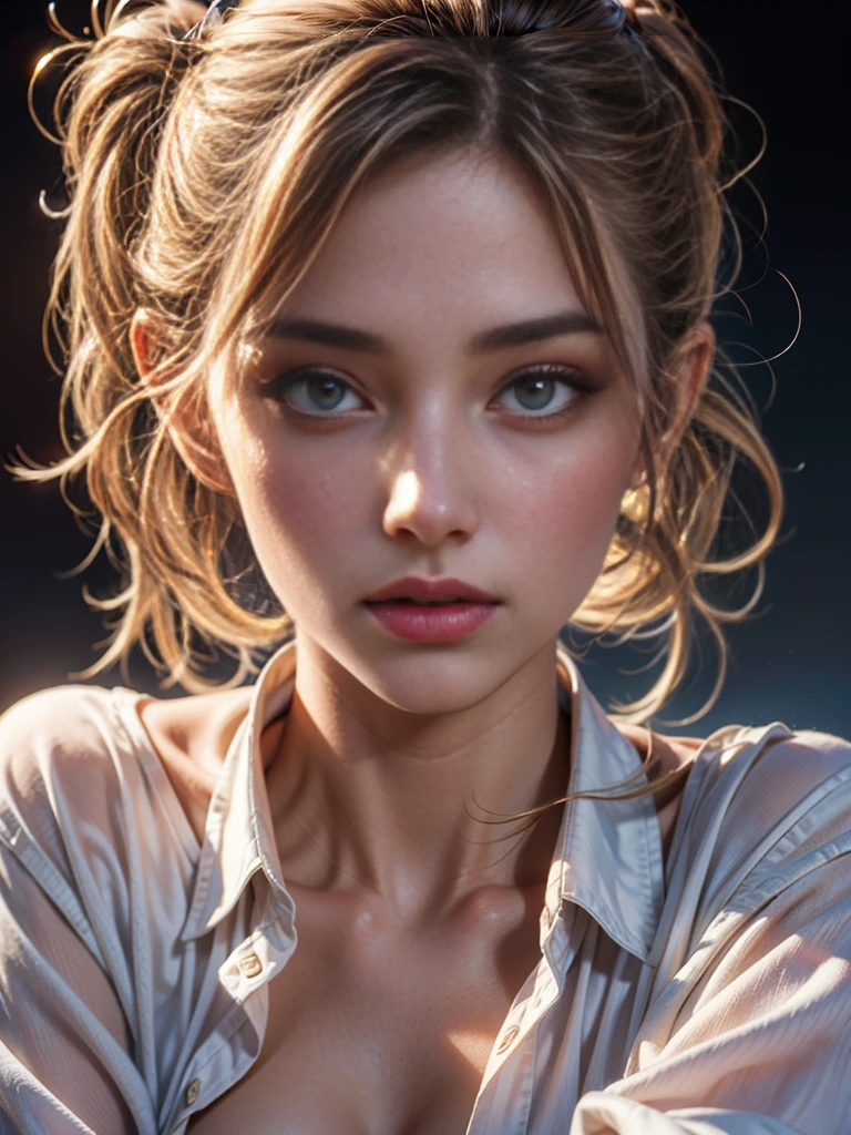 a young woman, a white shirt left unbuttoned, subtle nudity, detailed face, beautiful eyes, detailed lips, long eyelashes, elegant pose, cinematic lighting, vibrant colors, realistic, photorealistic, 8k, best quality, masterpiece