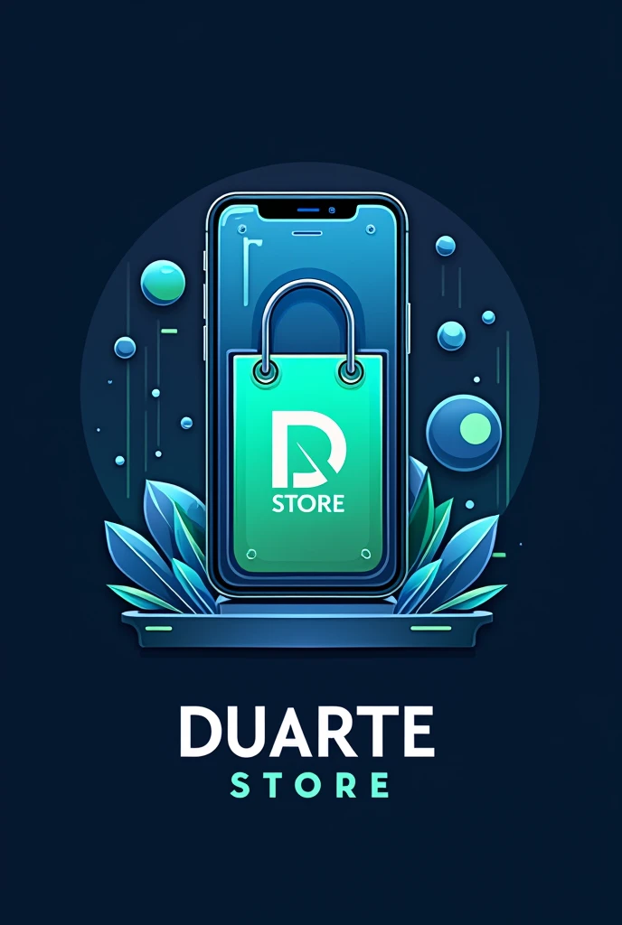 Create a futuristic logo for an electronics store called 'Duarte Store'. The logo should include elements such as a cell phone and a shopping bag. Use bold colors such as blue and green, but feel free to add other vibrant colors. The design should convey a modern, technological style, with shapes and lines that reflect innovation and sophistication."