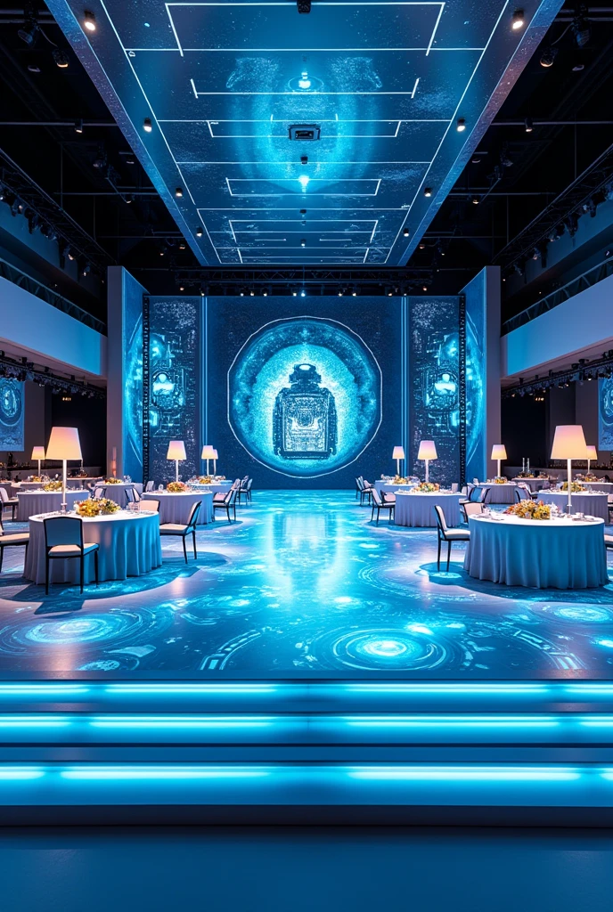 CORPORATE EVENT WITH IA THEME DECORATION IDEAS FOR TABLES, CHAIRS, TOTES, WHICH ARE VARIOUS IMAGES, FLOOR DECORATION WITH PLATFORM WITH LIGHTS, CEILING DECORATION, HOUSEHOLD ITEMS 
