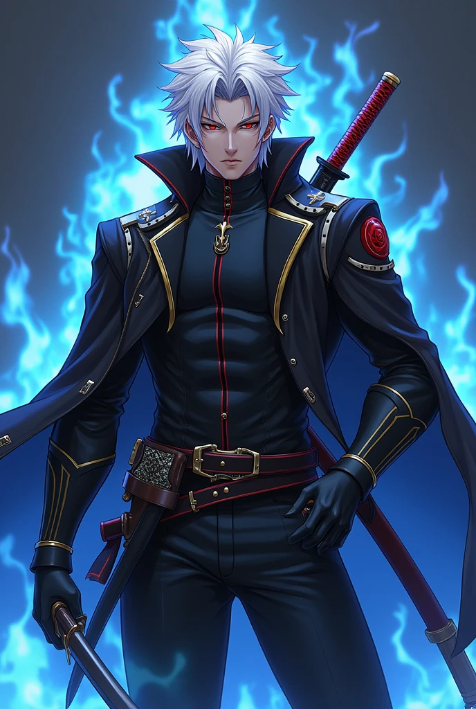 Devil hunter,Black jacket with gold and red lines,White hair,アニメ,masculine,long sword on the back,Serrated sword,Pointed sword,black pants,strong blue flames scenery,Injured and with minor cuts,bleeding,expression of determination,expression of coldness,Red colored eyes,Katana in sheath in one hand,Black and gold sheath,Zoom in on the character,Ebony and Ivory pistols clutched in the jacket behind.