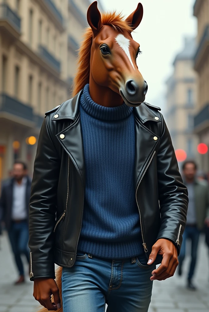 A human horse dressed in a blue sweater, a black leather jacket and blue jeans. The horse has brown fur.