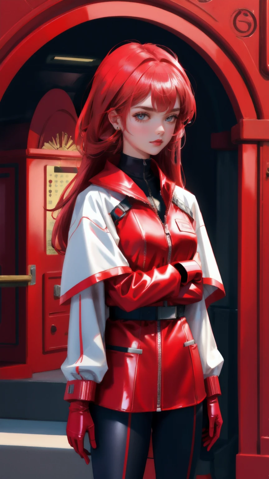a futuristic girl guarding money, red vault, metallic costume,