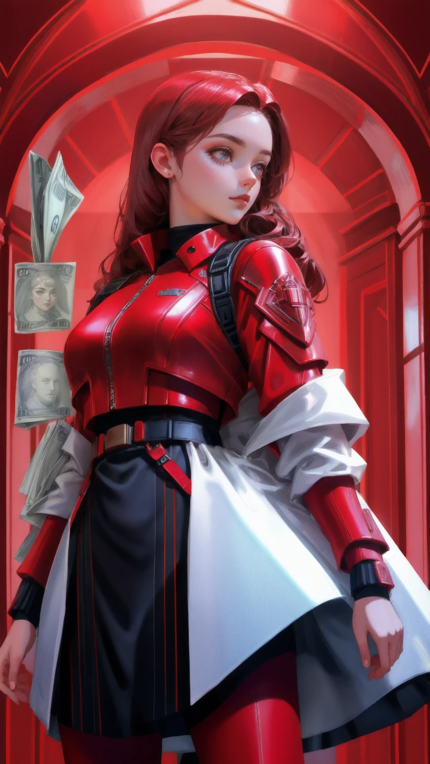 a futuristic girl guarding money, red vault, metallic costume,