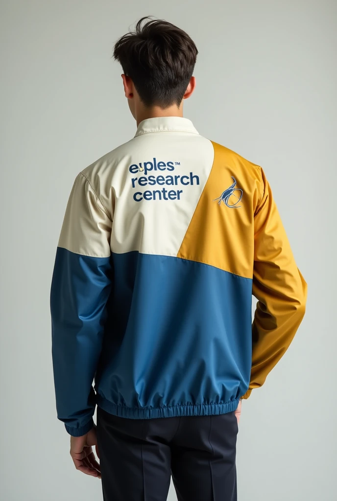 Make a semi-formal windbreaker in cream with blue and gold, with the colors distributed equally and with the Legal Research Center UPDS written on the back and a diver representing the investigation on the side of the chest. 