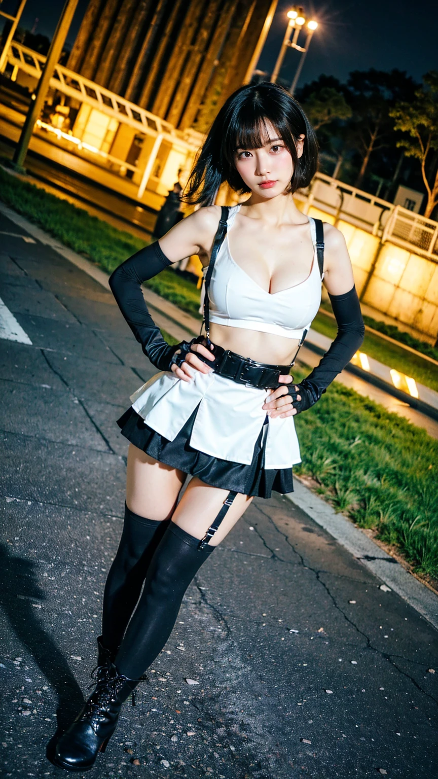 (8k、RAW Photos、Highest quality、masterpiece:1.2)、(Realistic、Realistic)、1 person、((black and white、Medium Hair、Cleavage、tights、Gloves、Garter Ring、mini skirt、Thin legs、whole body、boots、View from the front、Looking into the camera、Night Park、Stand with hands on hips))、cute