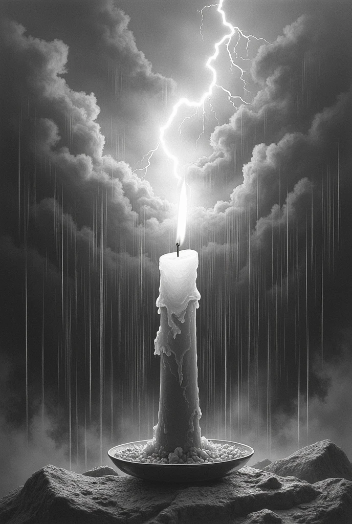 Graphite drawing of a wax candle in the middle of a storm. Let the lightning and rain be seen but the candle is not extinguished, that if I have fire. Now let the fire be the only thing that is in color in the drawing.
