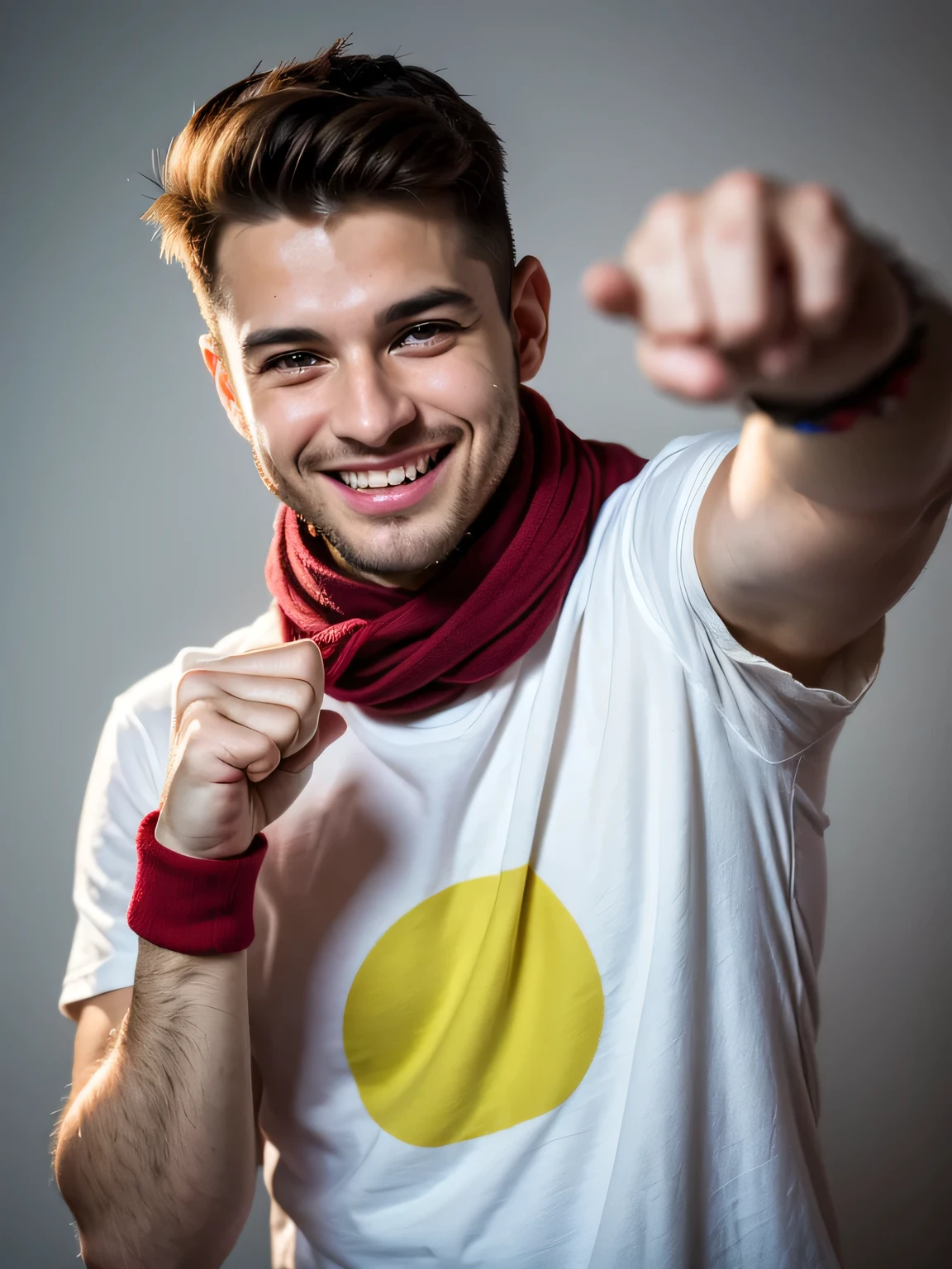 a smiling young Spanish man, Excited man, isolated on grey, white t-shirt with scarf red and yellow color, hand throwing up a fist in victory, realistic, 8k, high quality, photorealistic, dynamic lighting, vibrant colors, dramatic composition, commercial photoshoot, white background, фото по пояс
