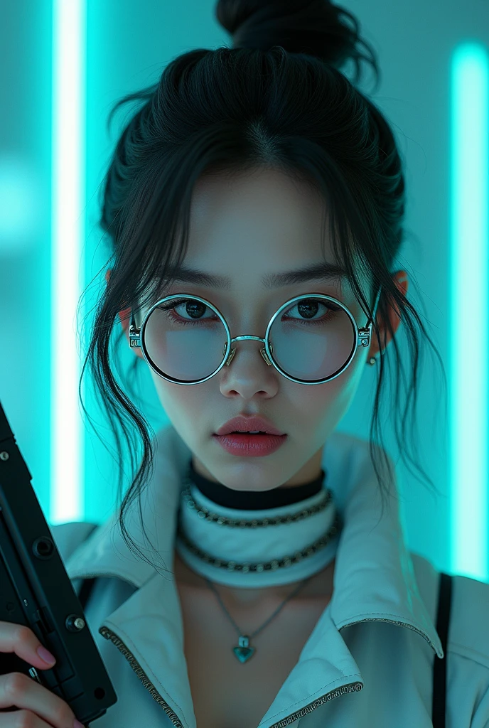 a beautiful young Caucasian woman is wearing metal for the futurist, cyberpunk, futuristic technology, and girls holding weapons in dazzling colors, wearing science fiction glasses, in the style of yuumei, light turquoise and light silver, waist shot, 8k resolution, joong keun lee, tanya shatseva, light arcade neon colours