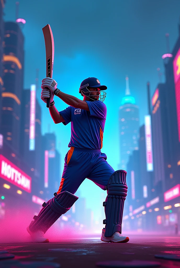 Ms dhoni x helicopter shot in blue pink neon city