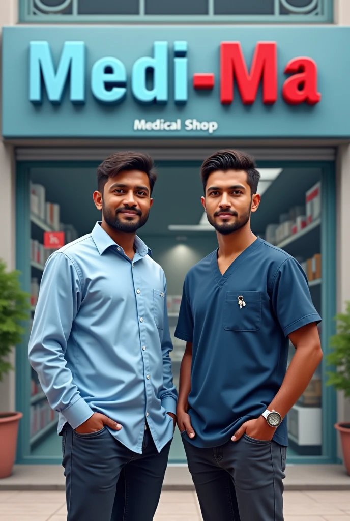 A shop medical name with medi-ma also show their owners name is piyush sain and shubham sain show two business man in front of this shop one is slightly black show name is piyush sain and shubham sain remove doctor dress code
