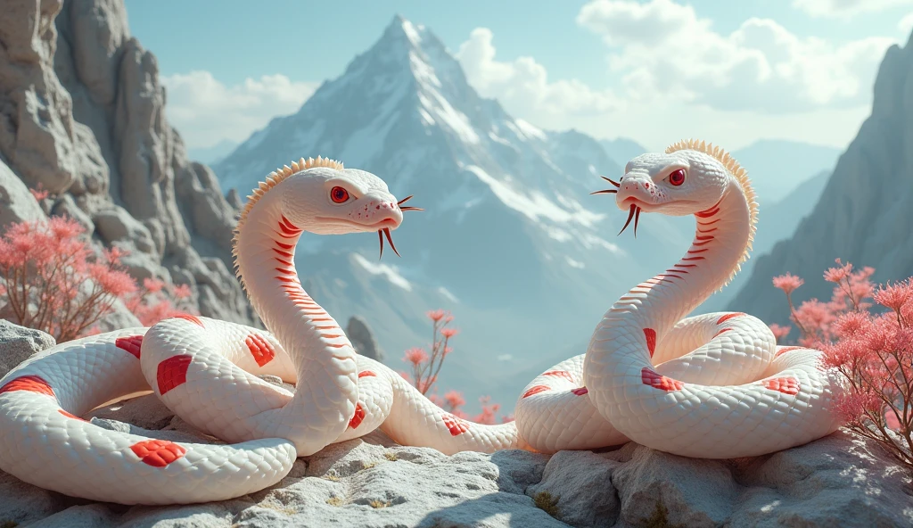 There are many white jades and pit vipers with red and white rings on their bodies and spikes on their noses on the mountain.(best quality,4K,8k,High level,masterpiece:1.2),Ultra Detailed,(lifelike,Photo real,Photo real:1.37)