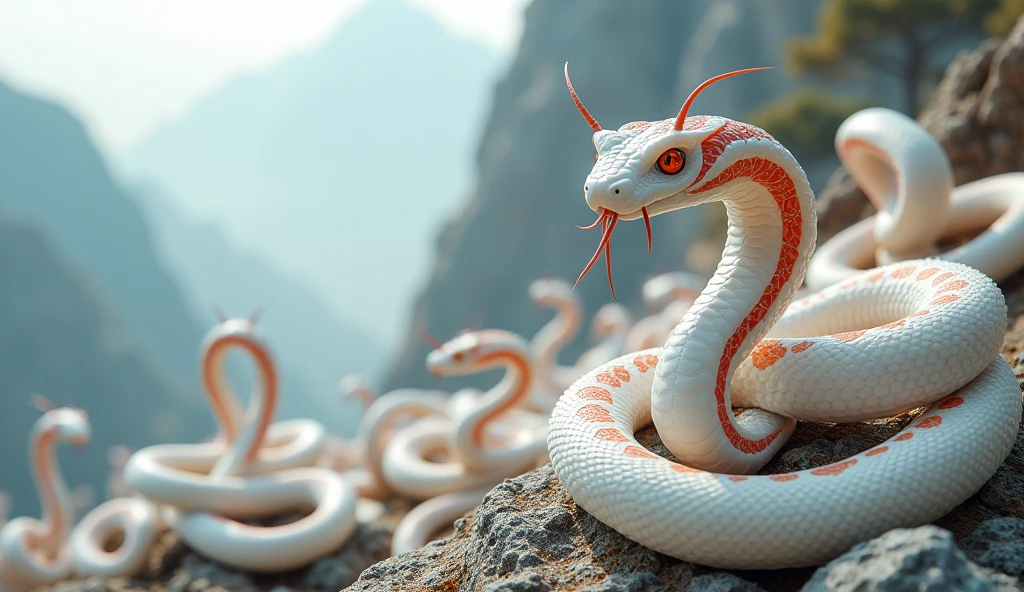 There are many white jades and pit vipers with red and white rings on their bodies and spikes on their noses on the mountain.(best quality,4K,8k,High level,masterpiece:1.2),Ultra Detailed,(lifelike,Photo real,Photo real:1.37)