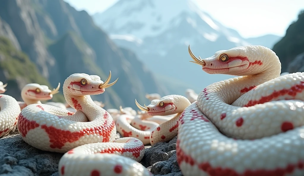 There are many white jades and pit vipers with red and white rings on their bodies and spikes on their noses on the mountain.(best quality,4K,8k,High level,masterpiece:1.2),Ultra Detailed,(lifelike,Photo real,Photo real:1.37)