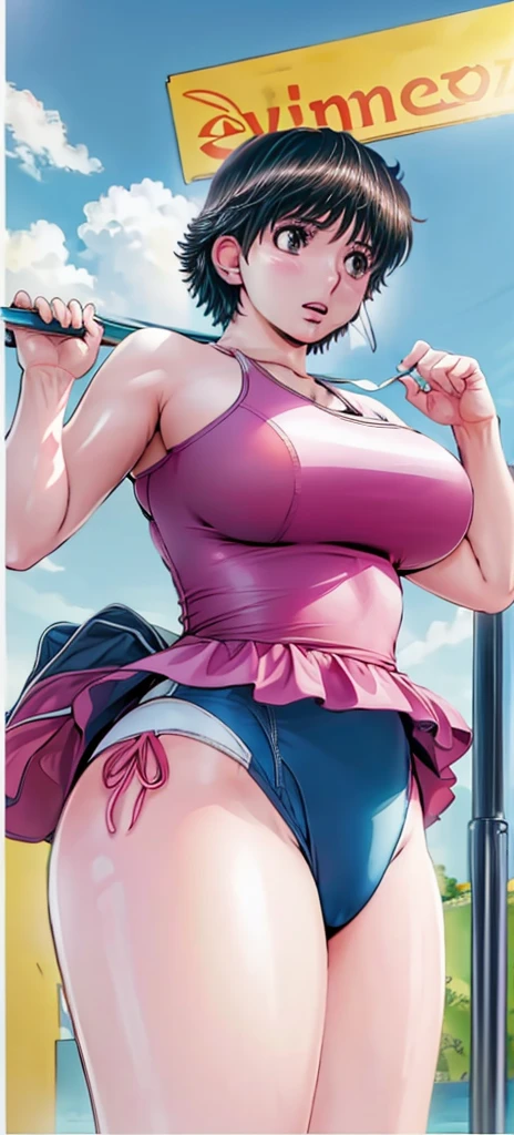 A beautiful woman with short hair, big breasts and beautiful legs is standing by the pool in a bright pink high-cut swimsuit with the arena logo on it, with her legs spread to the sides, blushing and with her mouth open.。Angle from below。